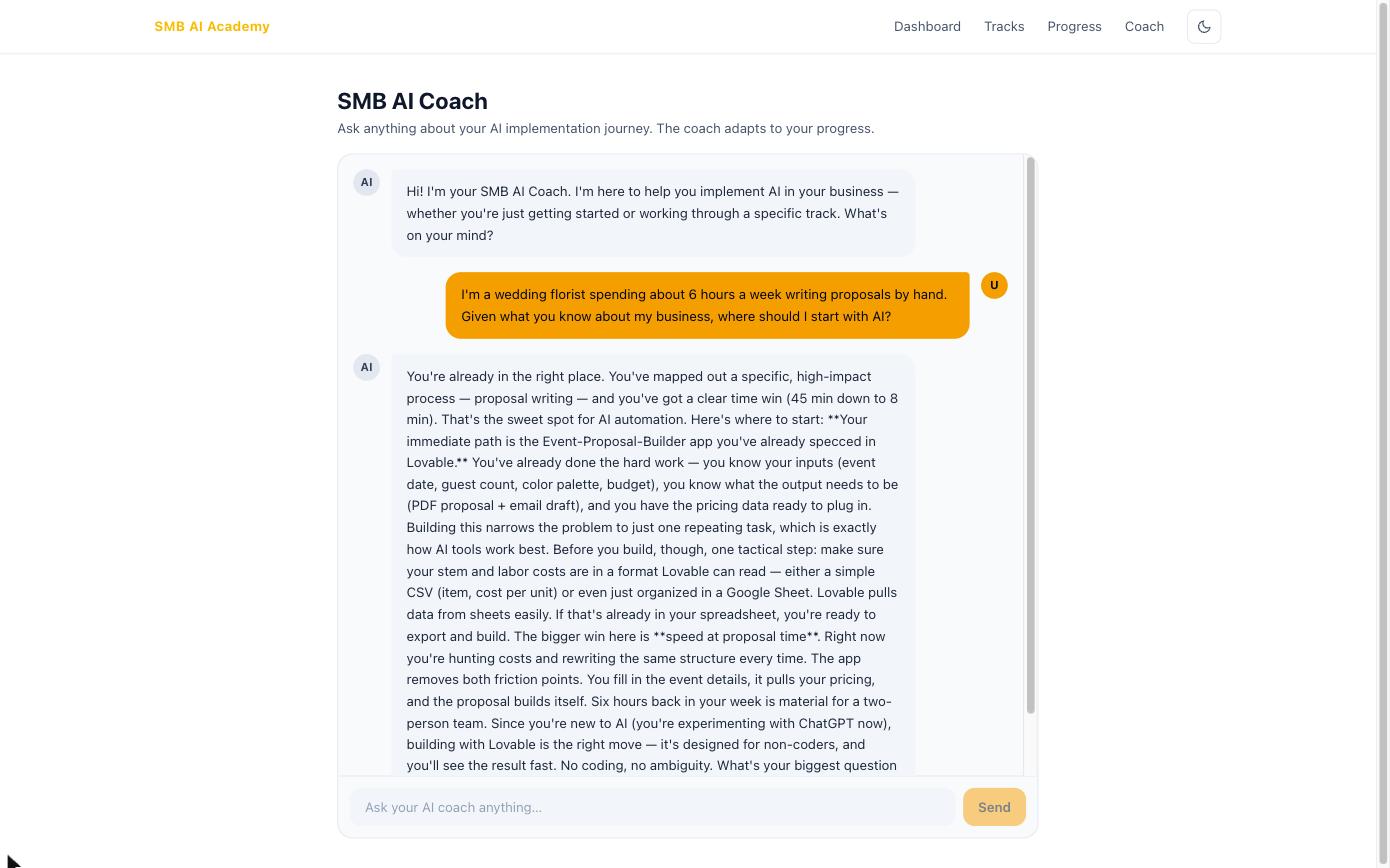 The SMB AI Coach answering a wedding florist who spends six hours a week writing proposals: it references her Event-Proposal-Builder app already specced in Lovable, her inputs and outputs, the six hours back in her week for a two-person team, and that she is new to AI, then tells her exactly where to start