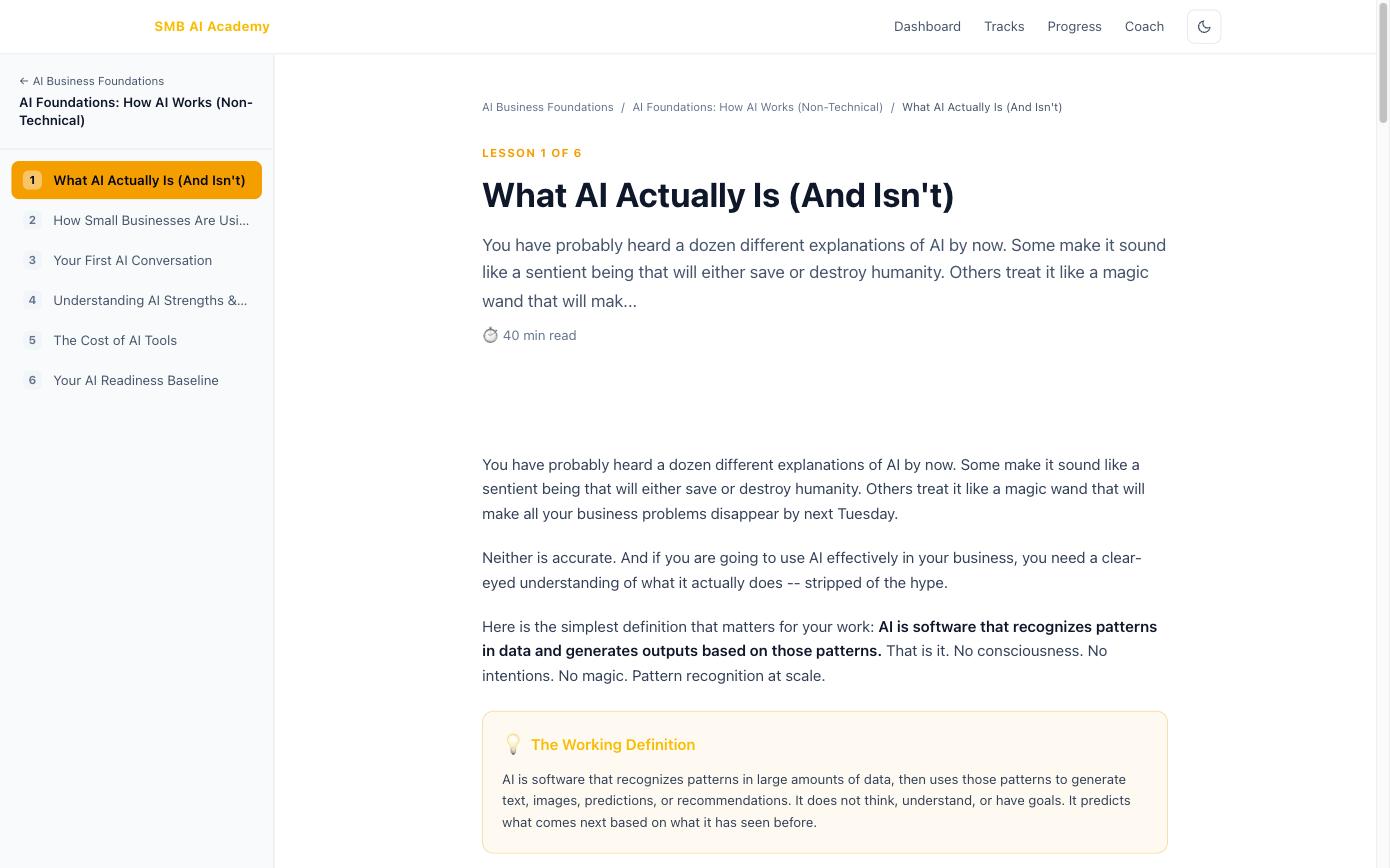 An SMB AI Business Academy lesson, What AI Actually Is and Isn't, lesson 1 of 6 in the AI Foundations course, with a course sidebar listing all six lessons, readable prose, and a highlighted Working Definition insight card