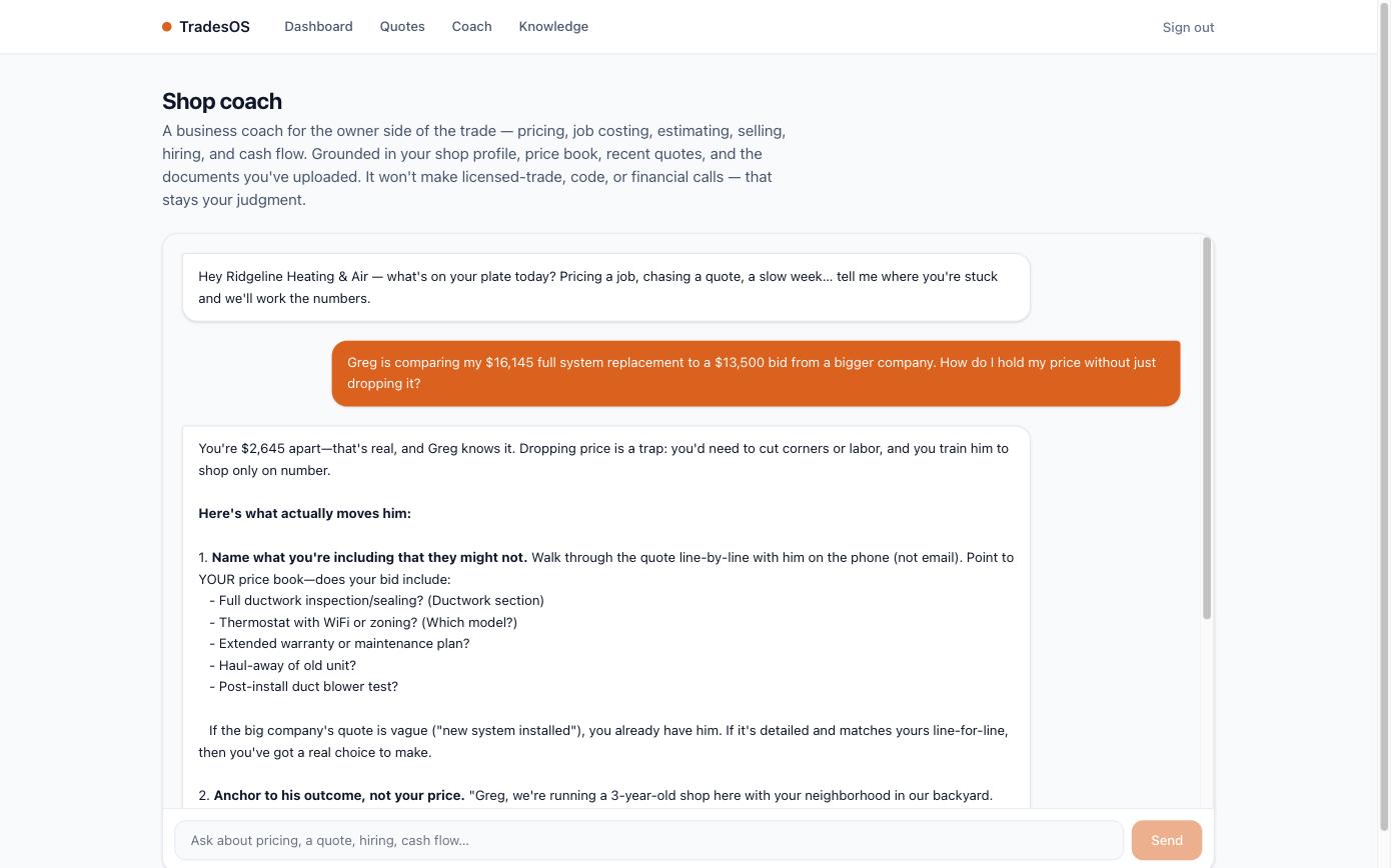 The TradesOS shop coach answering an owner who asked how to hold a 16,145 dollar replacement quote against a cheaper competitor: the coach notes they are 2,645 dollars apart, lists what the quote includes that the rival may not, and coaches anchoring to the customer outcome rather than dropping the price